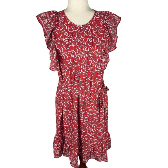 MAX STUDIO FLORAL‎ RUFFLE TIE WAIST MIDI DRESS IN RED NWT WOMEN'S SIZE MEDIUM - Picture 1 of 15